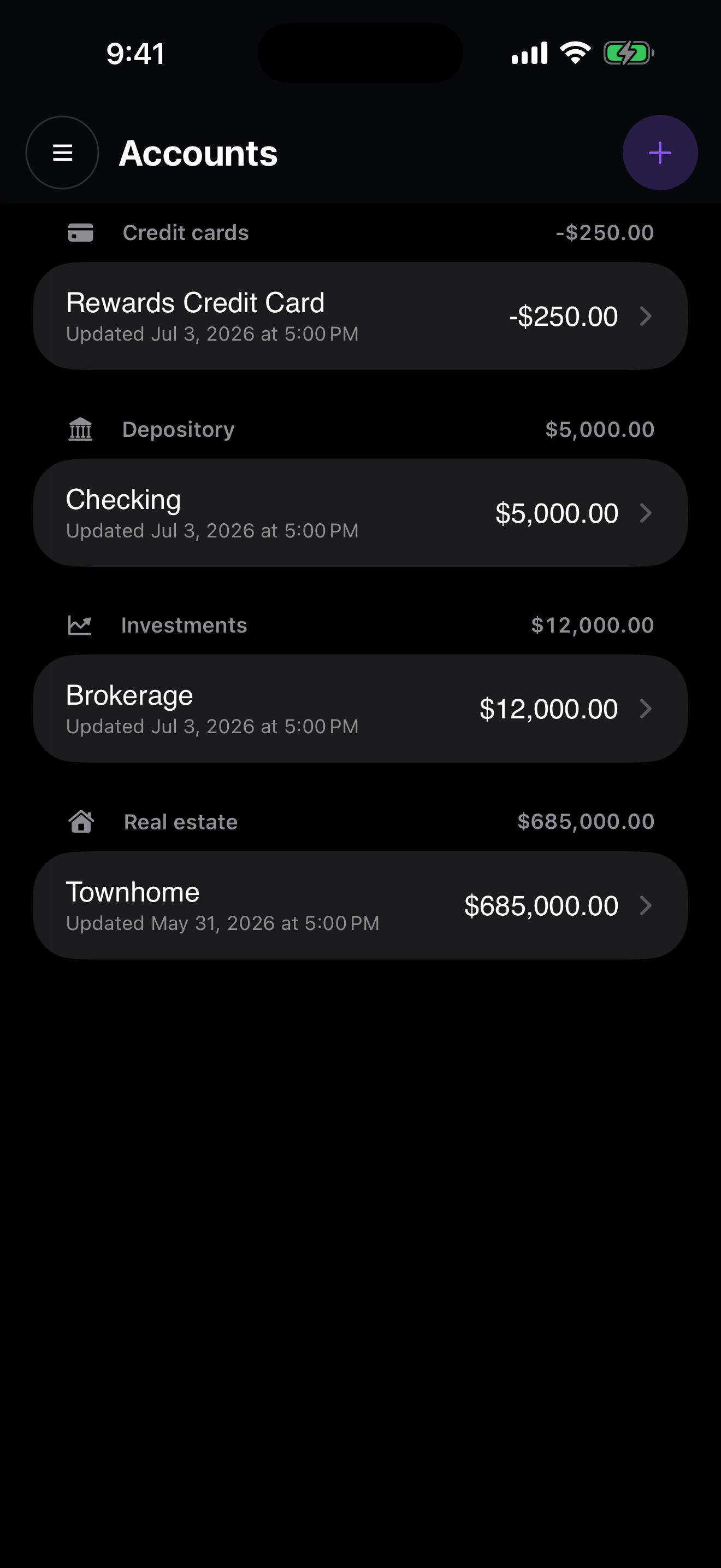 Charoite accounts screen with credit card, depository, investment, and real-estate balances