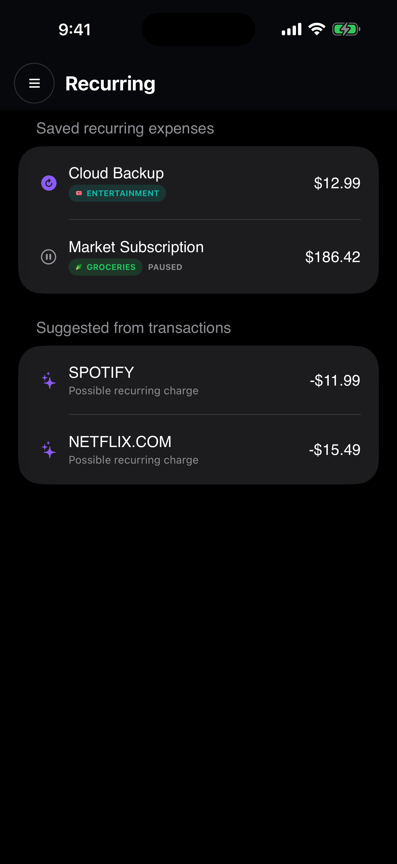 Charoite recurring expenses screen with active and paused items