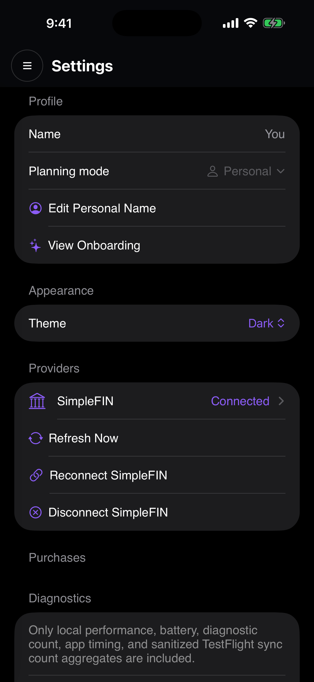 Charoite settings screen showing personal planning mode, dark theme, and a connected data provider